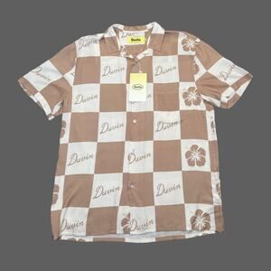 Duvin Checker Flower Button Up Tan Mens Size M NWT $68